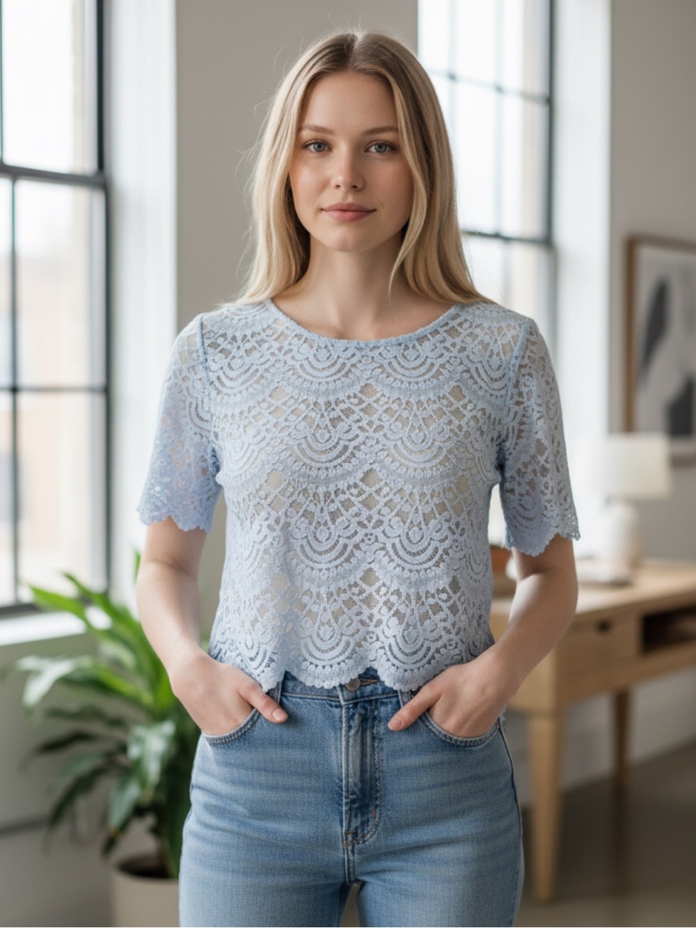Lace Crochet Short-Sleeve Top in Light Blue